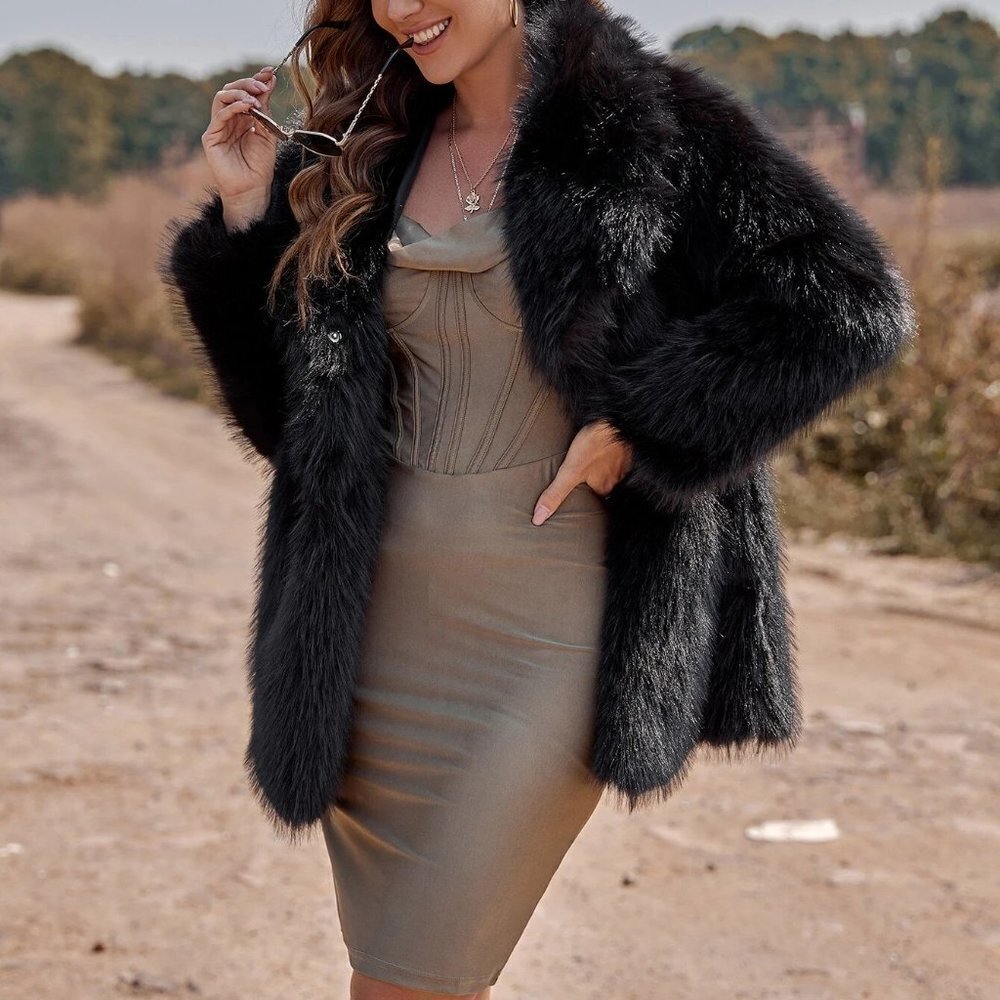 Black Preppy Womens Lapel Neck Slant Pockets Fuzzy Coat - Picture 3 of 5